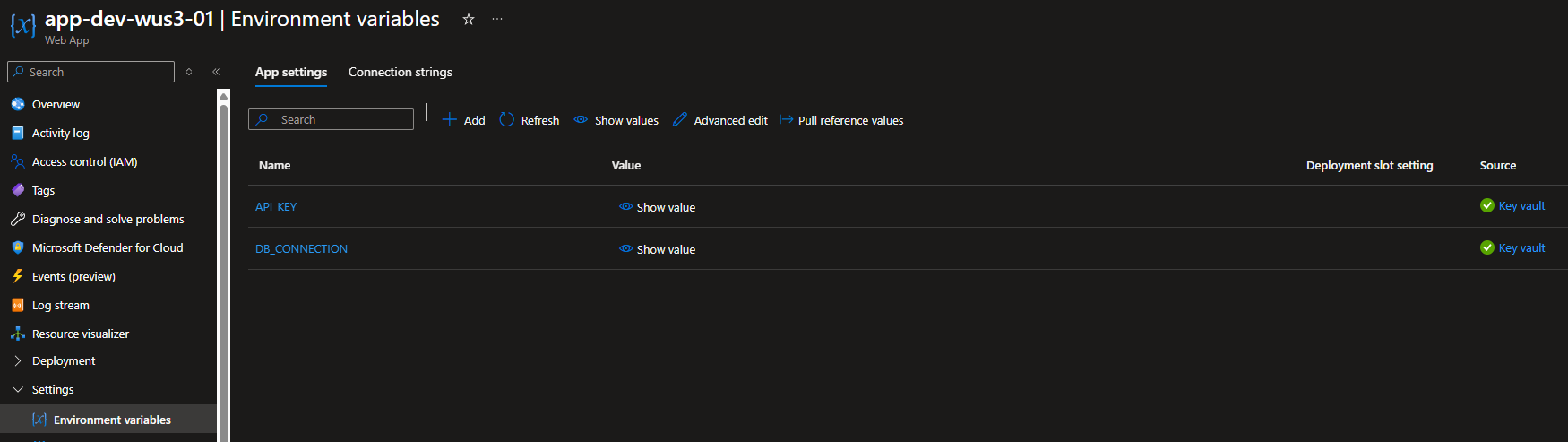 KV references in App Service