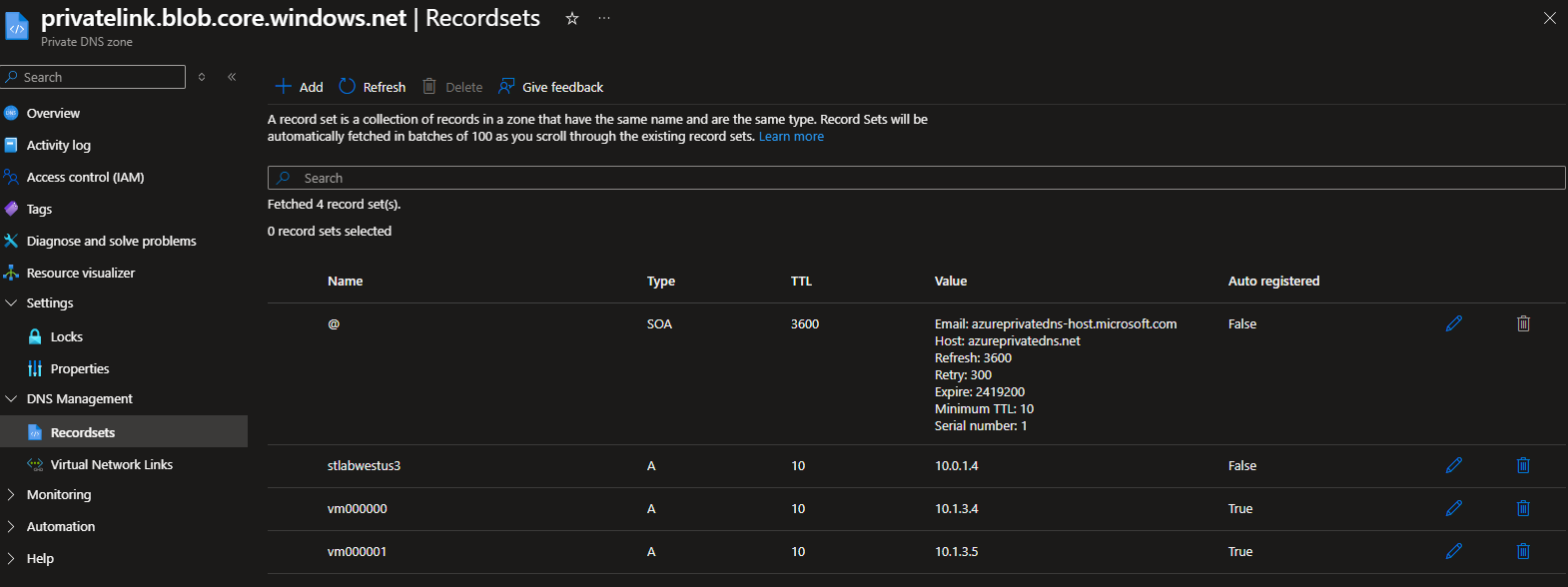 Private DNS zone recordsets